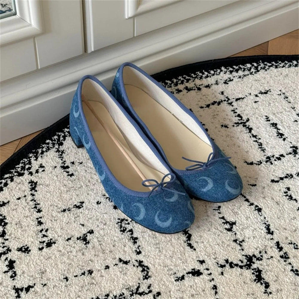 LIZAKOSHT  -  New Cute Moon Print Office lady Square Med Heels Shoes Women Lovely Ballet Style Shoes Denim blue Slip-on Pumps