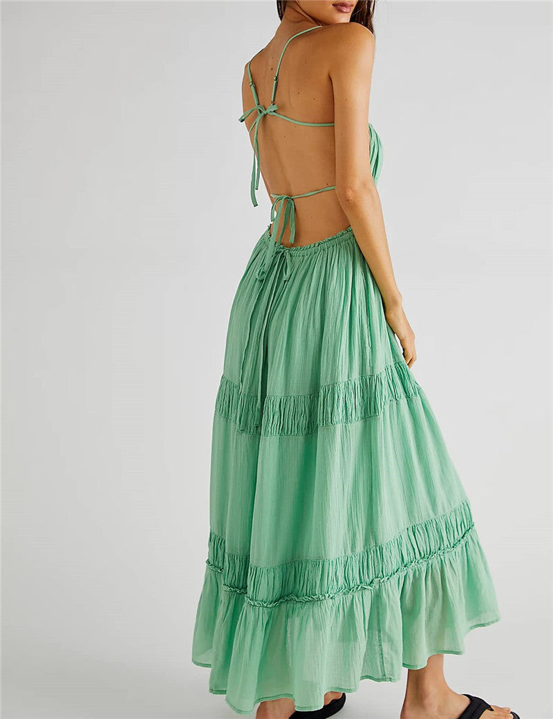 LIZAKOSHT  -  Boho Women Cut Out Backless Maxi Dress Bodycon Long Flowy Dresses Summer Spaghetti Strap Low Cut Cami Dress Clubwear