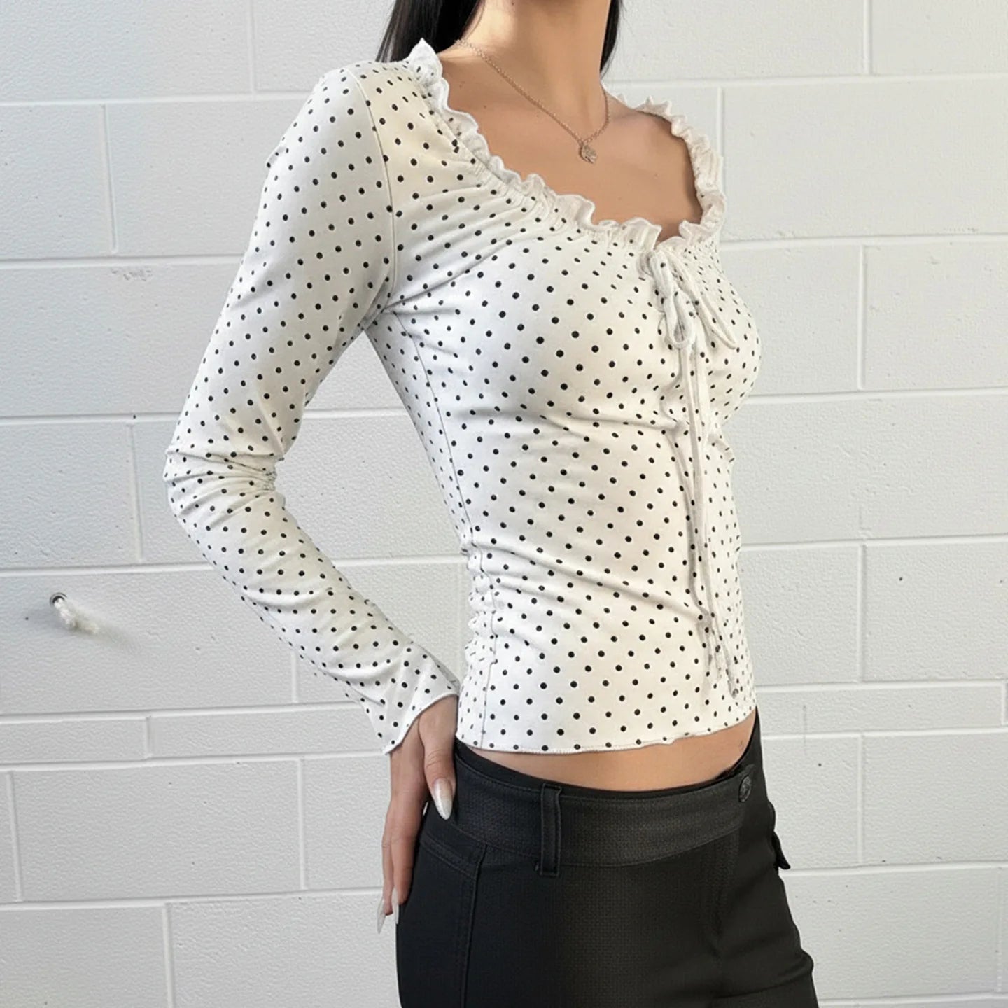 LIZAKOSHT  -  Women Y2K Lace Patchwork Polka Dot Long Sleeve Tee Hollow Out Tie Front Ruffled Slim Top Casual Streetwear Fashion Tee