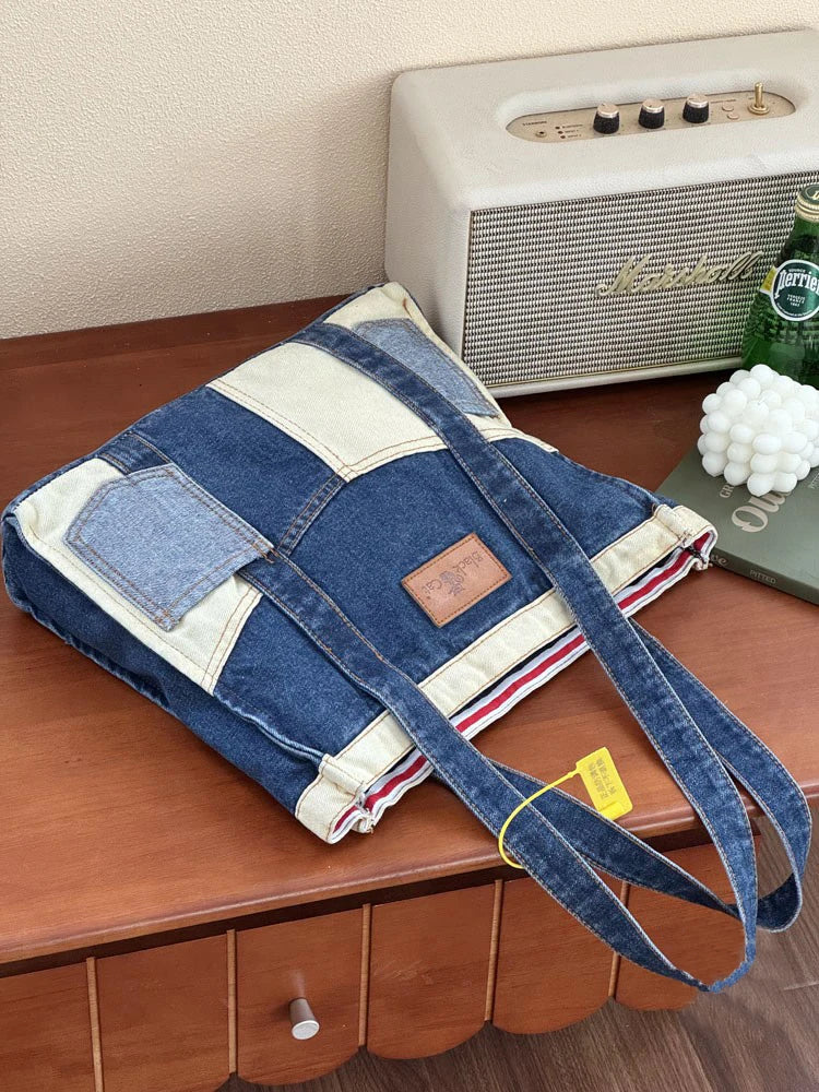 LIZAKOSHT  -  Women's Cowboy Shoulder Bag Shopping Bags Splicing Denim Handbag Fashion Simple Tote