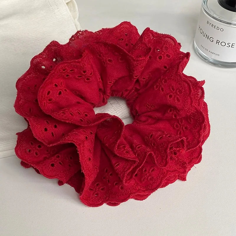 LIZAKOSHT  -  1PC Atmosphere-Enhancing Tipsy Red Cotton Fabric Hollow-Out Four-Layer Scrunchie - Elegant Wine-Red Hair Flower Bun Hair Tie