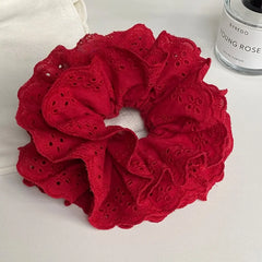 LIZAKOSHT  -  1PC Atmosphere-Enhancing Tipsy Red Cotton Fabric Hollow-Out Four-Layer Scrunchie - Elegant Wine-Red Hair Flower Bun Hair Tie