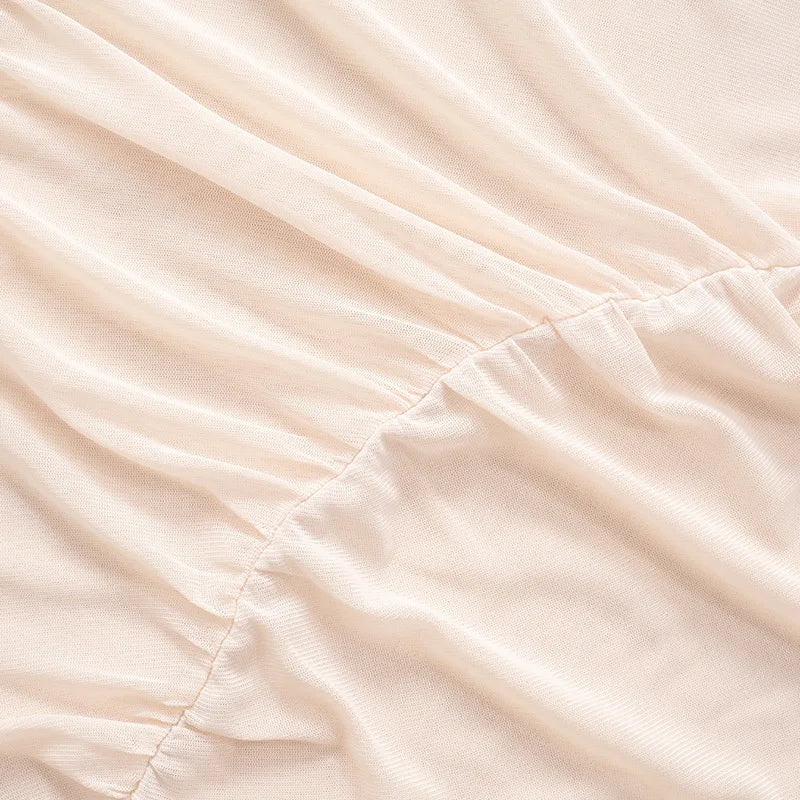 LIZAKOSHT  -  Summer See-Through Mesh T-shirt Top Women Pleated Patchwork See-Through Slim Cropped Top Tee Female Solid T-shirt Pullover