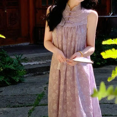 LIZAKOSHT  -  Spring Summer Dresses for Women Chinese Style Purple Elegant Vestidos Mujer Vintage Loose Beach Long Dress