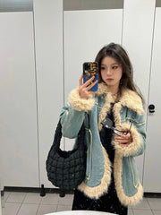 Lizakosht Harajuku Vintage Y2k Jackets Warm Thicken Downy Long Sleeve Design Denim Coats Winter Casual Loose All Match Women Clothing 2024