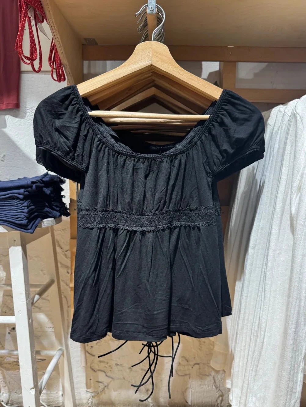 LIZAKOSHT  -  New Black Lace Trim Slim T-shirt Woman Folds Scoop Collar Cotton Puff Sleeve Tees Summer Back Lace-up Solid Sweet Tshirt Y2k Top