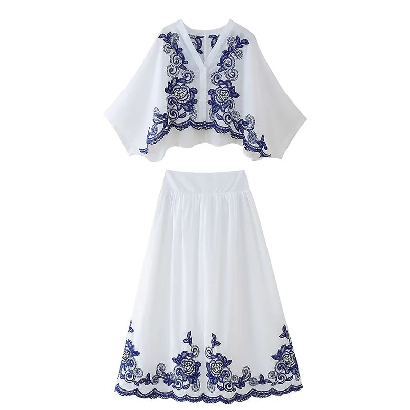 LIZAKOSHT  -  2024 Women Contrast Floral Embroidery White Skirt Back Elastic Waist A-line Summer Long faldas largas