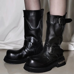 LIZAKOSHT  -  Brand New Big Size 42 Women's Punk Motorcycle Boots Street Black Big Toe Platform Square Heels Mid-calf Boots Buckle Belt Shoes