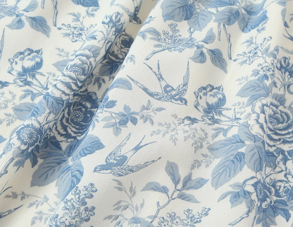 LIZAKOSHT  -  Vintage French Bird Floral Print Tank Dress Women V neck Slim Waist Folds Ruffles Hem Midi Long A-line Swing Dresses Vestidos