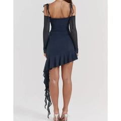LIZAKOSHT  -  Women Ruffles Asymmetric Hem Mini Party Robe Sexy Irregular Wood ears Slash Collar Off Shoulder Full Sleeve Mesh Dress