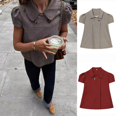 LIZAKOSHT  -  Spring New Women's American Retro Style Shirt Collar Puffy Short Sleeve Button Decorated Short Plaid Top Casual Fit Polyester
