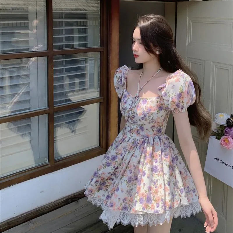 LIZAKOSHT  -  French Vintage Summer Floral Short Sleeve Square Collar One Shoulder Dress Waist Cinched Bubble Sleeve Chiffon Mini Dress