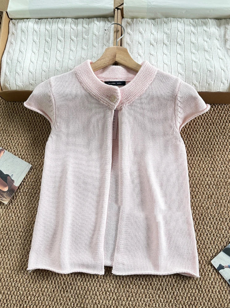 LIZAKOSHT  -   Sweet White Knitted Cardigan Women Simple Cotton Single Button Neckline Short Sleeve Sweater Vintage Preppy Style Outfit Top Y2K