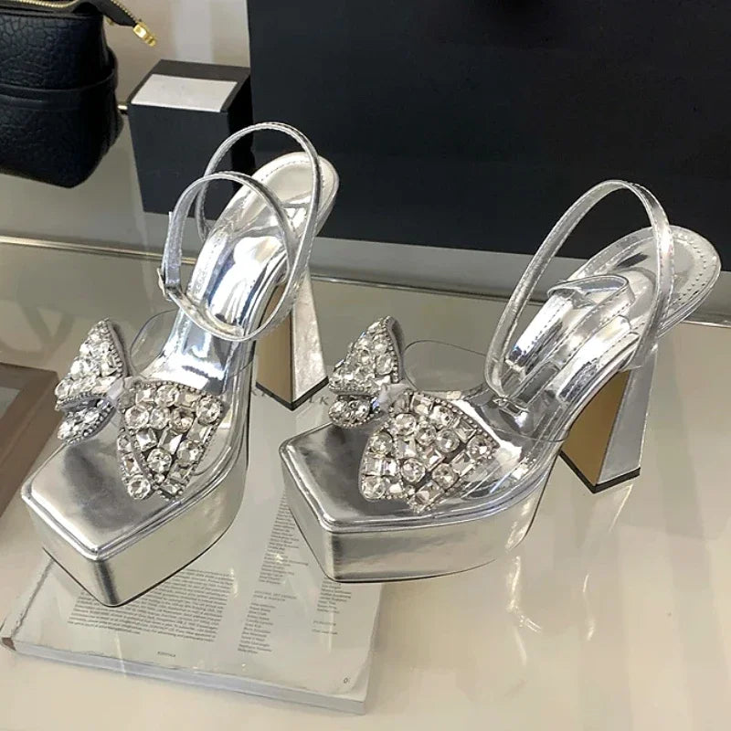 LIZAKOSHT  -  Luxury Rhinestone Transparent Platform Sandals Women Open Toe Summer Fashion Slingback Party Dress Shoes Crystal Bow High Heels