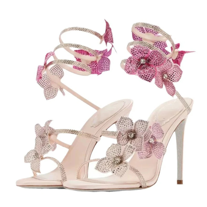 LIZAKOSHT  -  Sexy CRYSTAL Flower Thin High Heels Women Sandals Street Style Narrow Band Ankle Strap Pole Dancing Ladies Shoes