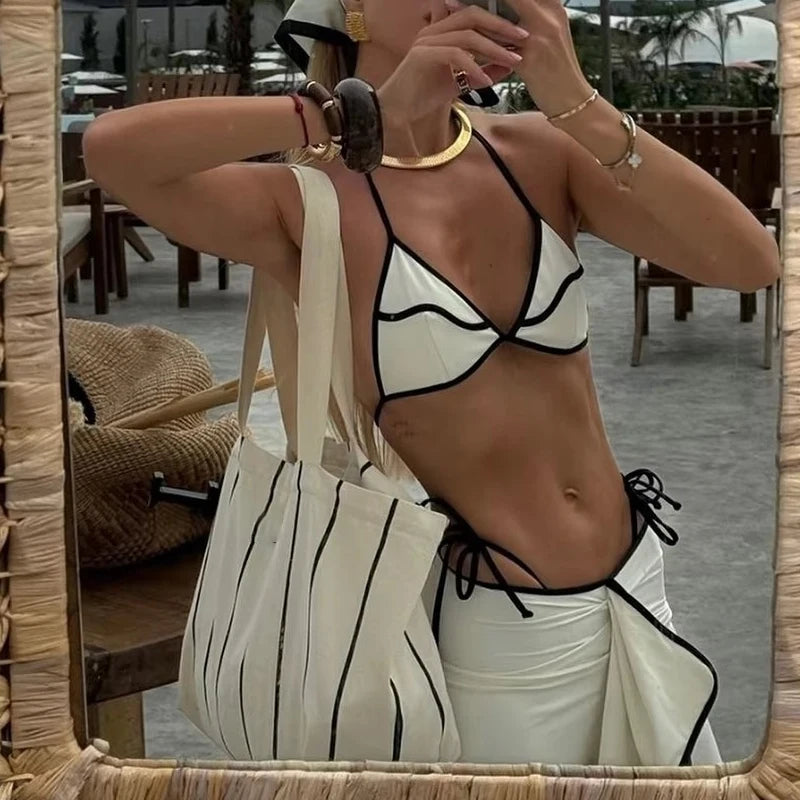 ﻿LIZAKOSHT  -  Sexy Blocked Color Three Piece Bikini Set Black White Women Swimsuit Elegant Halter Backless with Long Skirt Bathing Suit