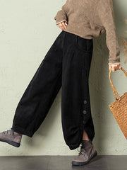 LIZAKOSHT  -  Korean Corduroy Women Pants Fall Winter Plush Warm Loose Casual Harem Trousers Retro High Waist Button Streetwear Wide Leg Pants