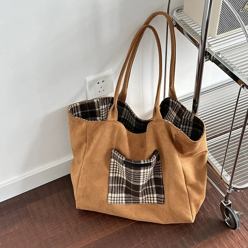 LIZAKOSHT  -  Autumn and Winter Woolen Plaid Shoulder Bag Double Sided Use Handbag Large Capacity Tote Bags For Women