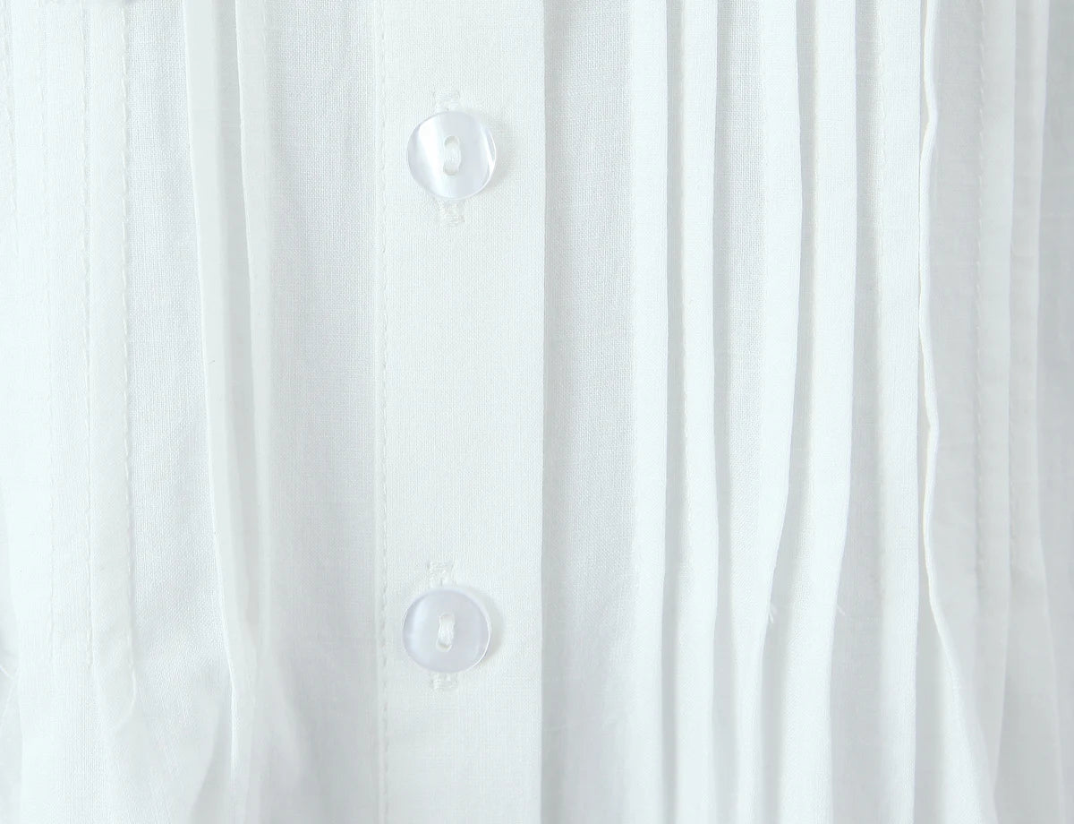 LIZAKOSHT  -  Holiday White Spliced Wood ears Lace Peter Pan Collar Short Puff Sleeve Shirt Women Fold Pleated Front Open Buttons Blouses Tops