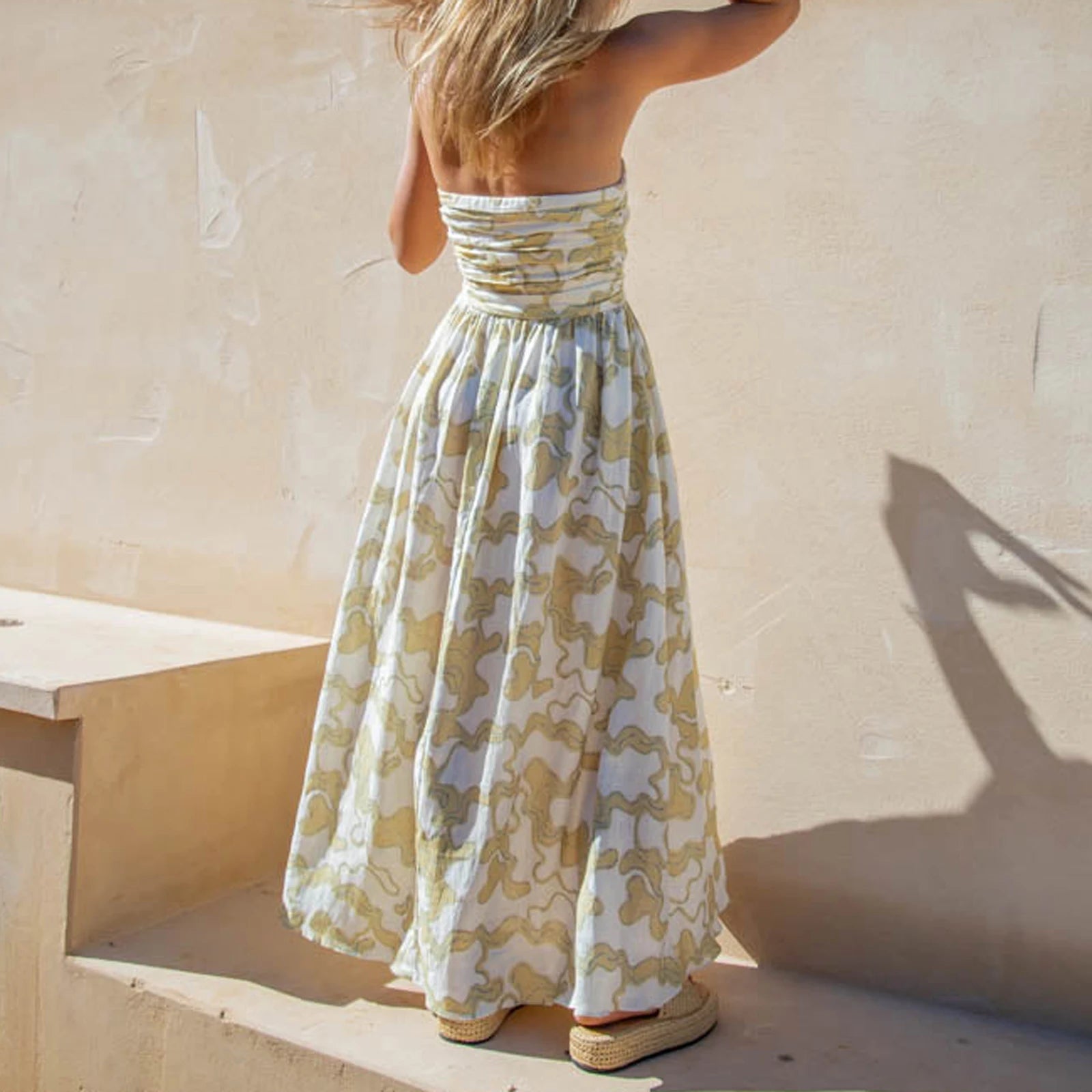 LIZAKOSHT  -  Women Strapless Dress Summer Abstract Print Ruched A-Line Dress for Cocktail Party Beach Streetwear Aesthetic Clothes