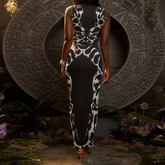 LIZAKOSHT  -  Summer Aesthetic Snake Printing Long Dress Sleeveless Hollow Out Slimming Fit Women Midnight Club Fashion Vestidos
