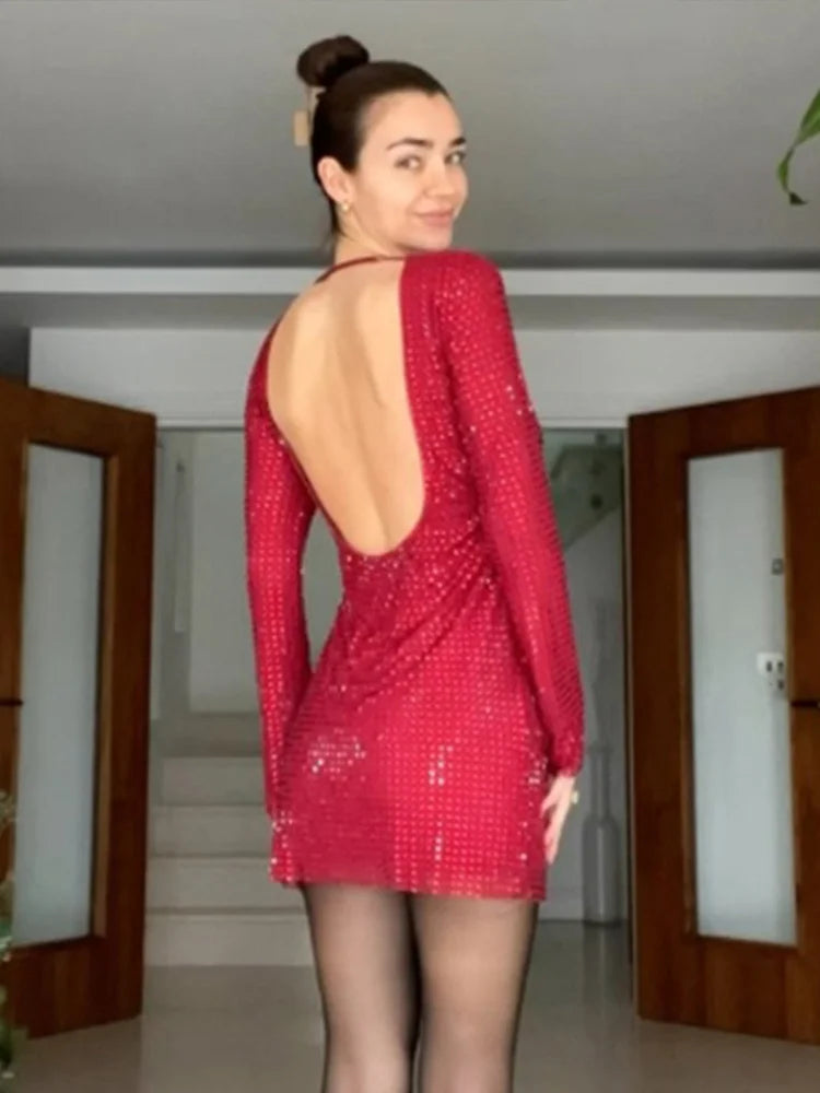 LIZAKOSHT  -  Large Backless Sequins Dress Red Shiny Diamond Cut Out Socialite Party Gown Sexy Long Sleeved Female Short Wrap Hip Dresses