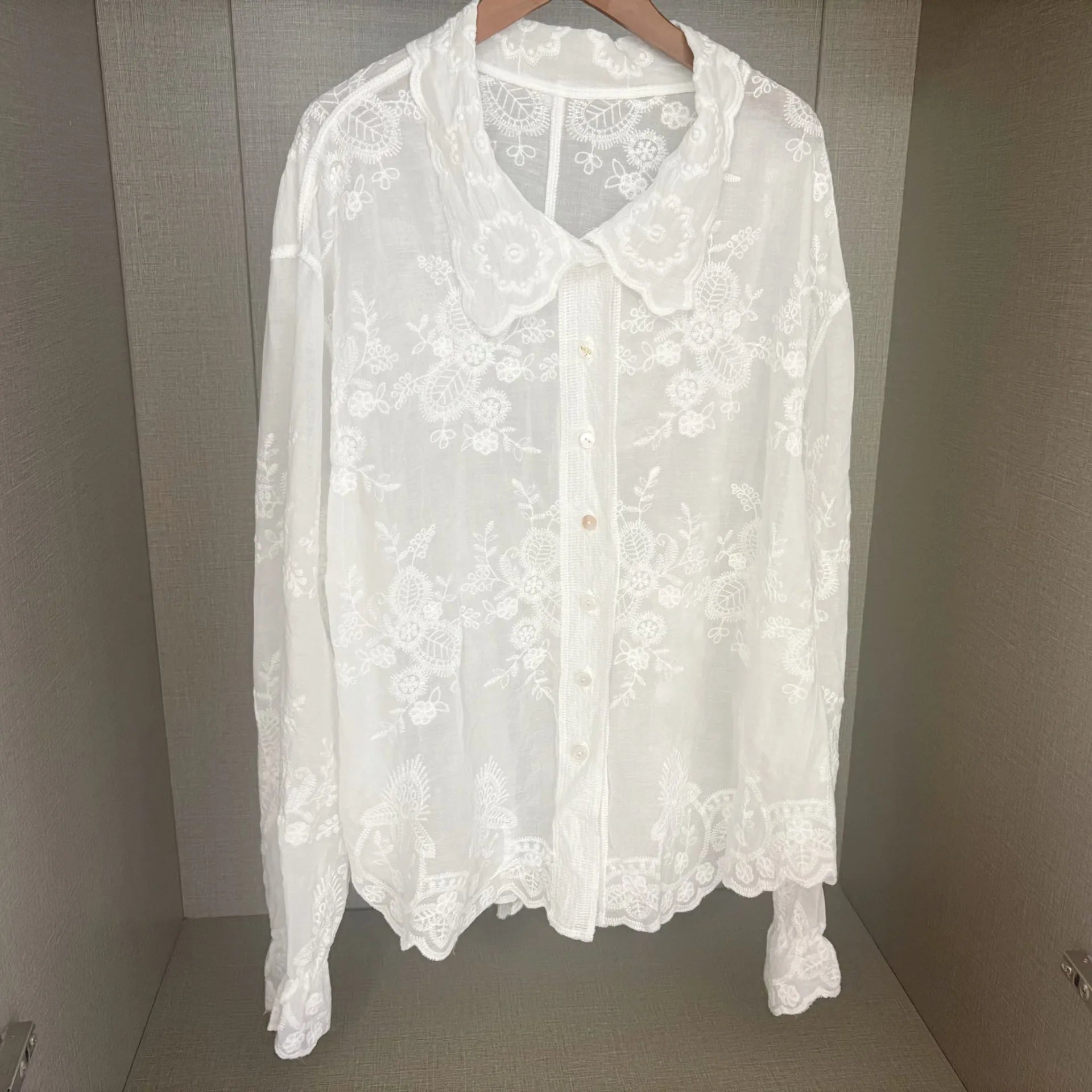 LIZAKOSHT  -  Early Autumn New Hot Selling Cotton Light Luxury Embroidered Flower Long Sleeve Loose Premium Sunscreen Shirt