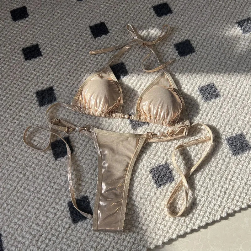 LIZAKOSHT  -  Shiny Pink Micro Bikini Mujer Women Sexy PU Pearls Push Up Thong Swimsuit Summer Bathing Suit Bandage Holiday Swimwear