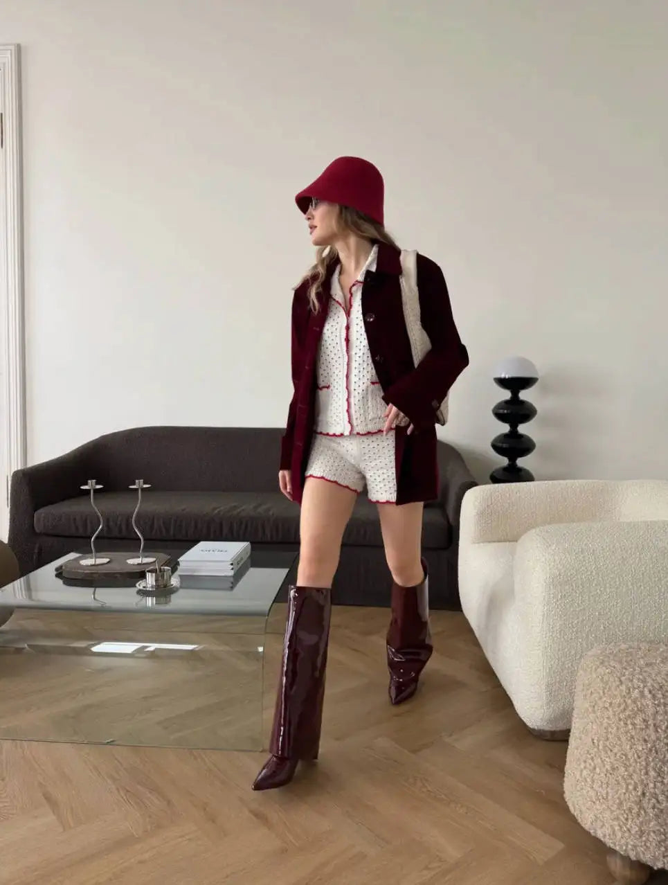 LIZAKOSHT  -  Knitted Shorts Set Fashion Casual Clashing Cardigan Top Lace Up Shorts Set Women  Vacation Sports Knitted Shorts Set