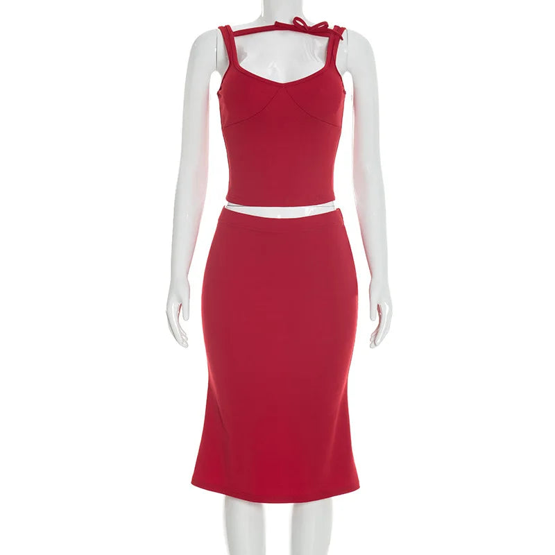 LIZAKOSHT  -  Womens Elegant Bowknot Sleeveless Tops+Midi Skirt Suit Summer Ladies Sexy Two-piece Dress Matching Sets Vacation Streetwear