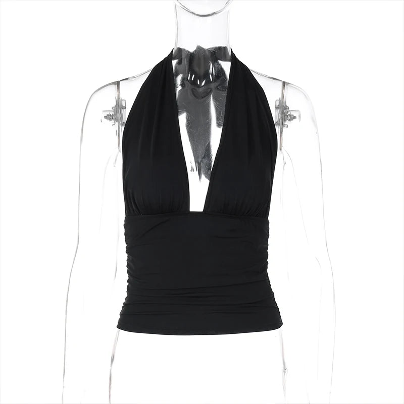LIZAKOSHT  -  Summer Solid Color Halter Lacing Fashion Club Crop Top for Women Open Back Ruched Sleeveless Skinny Party Camisole Clothing