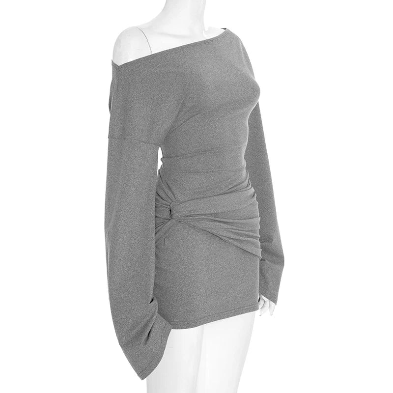 LIZAKOSHT  -  Women's Autumn Obliques Shoulder Long-sleeved Ruched Bodycon Solid Casual Women Mini Dresses Elegant Party Vestidos 2026
