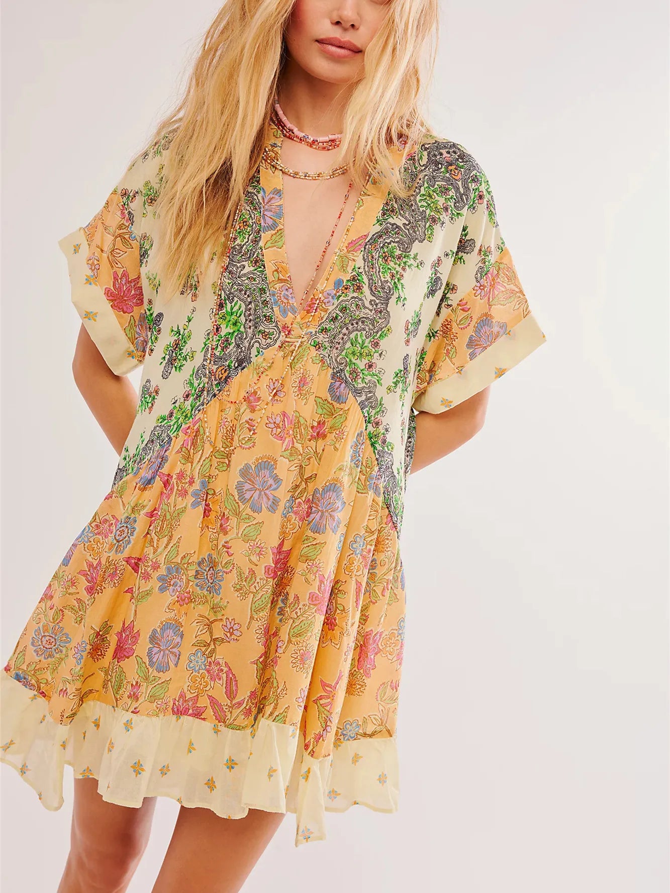 LIZAKOSHT  - Retro Women Bohemian Floral Short Dress Boho Puff Sleeve Flowy Sundress V Neck Ruffle Mini Dress Summer Beach Dress