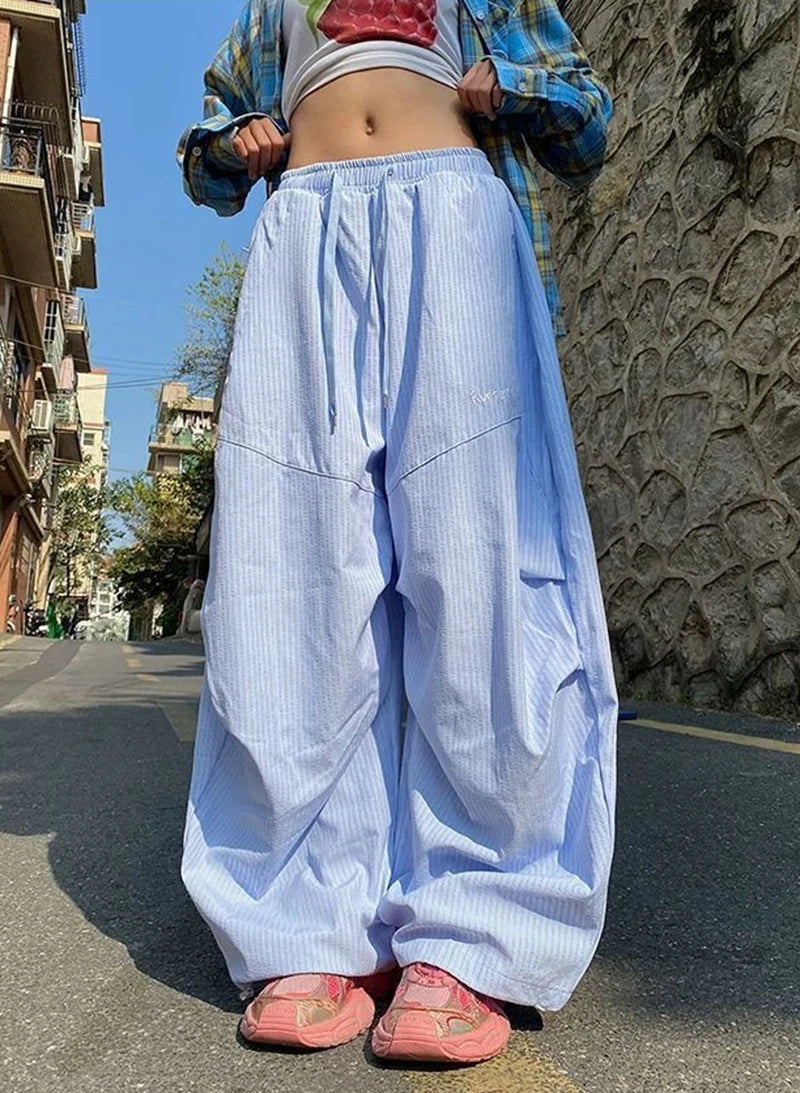LIZAKOSHT  -  Women Striped Jazz Dance Pants Blue Loose Casual Lazy Wide Leg Pants Harajuku Y2K Summer American Streetwear Cargo Pants