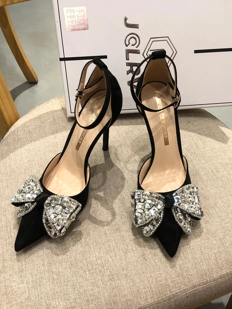 Lizakosht In 2024, the new black fine single shoes rhinestone hollow one-word buckle with banquet women's shoes ball shoes.