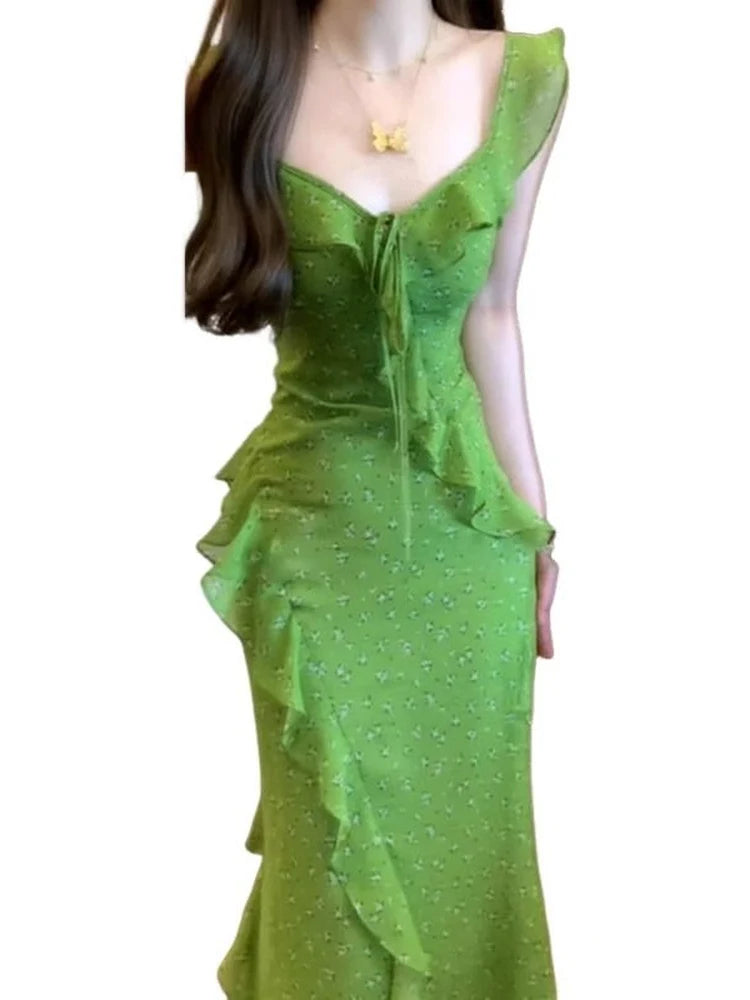 LIZAKOSHT  -  French Style Floral Print Backless Fish Tail Long Dress Summer Vacation Casual Loose Fit A-Line Skirt Green Leaf