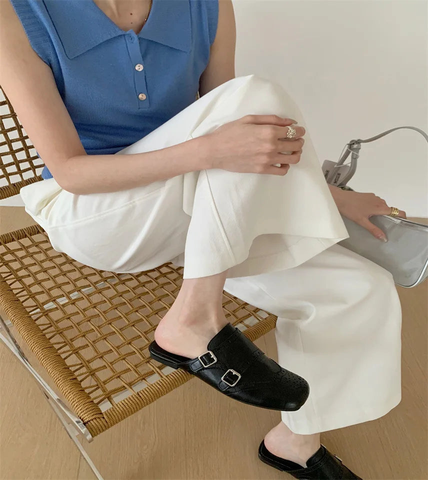LIZAKOSHT  -  retro hollow out leather slippers women square toe double buckle sandals flat heel cutout mules shoes for woman sandalias mujer