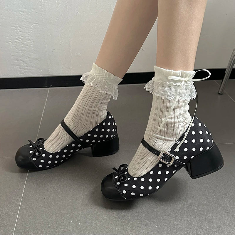 LIZAKOSHT  -  Cute Polka Dot Thick Heel Women Mary Jane Shoes Designer Buckle Strap Pumps Ladies Eelgant Butterfly-knot Dress Single Shoes