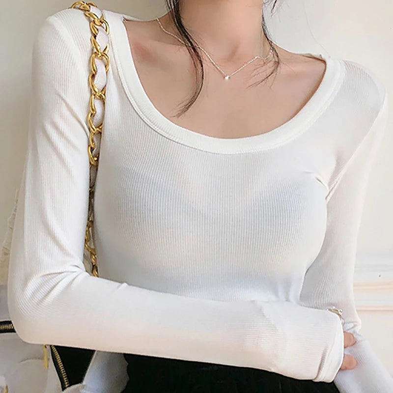 LIZAKOSHT - T Shirt Women Autumn Long Sleeve Top Basic Cotton T-Shirts Korean Style Clothes Slim Tee Shirt Femme Camiseta Mujer