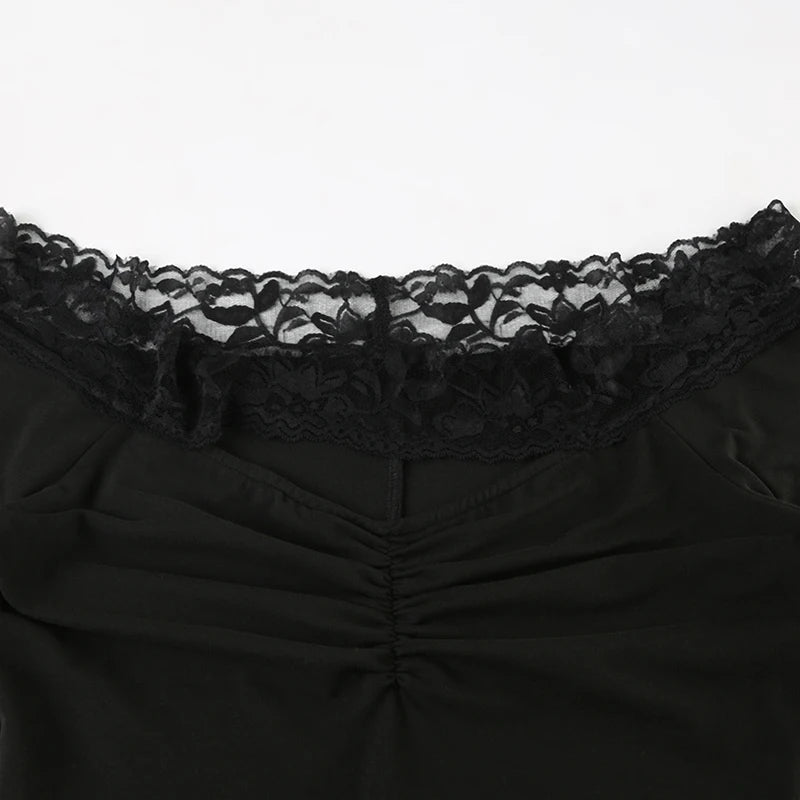 LIZAKOSHT  -  Sweetown Slim Black Lace Trim Playsuit Women Sexy Comfortable Long Sleeve Classical Rompers 2024s New Chic