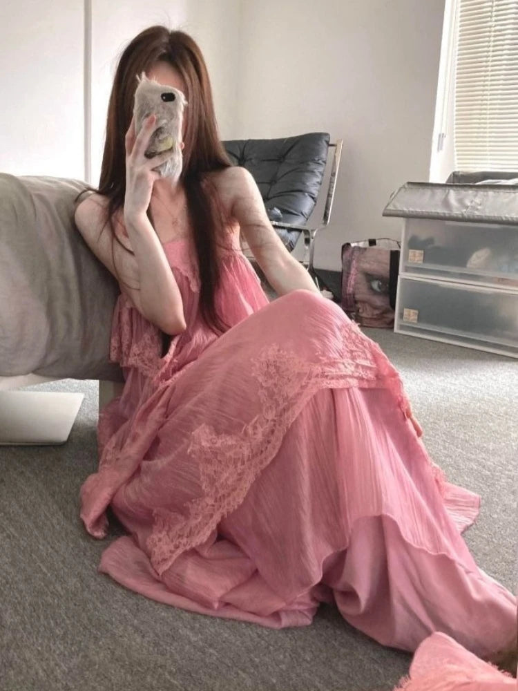 LIZAKOSHT  -  New French Sexy Sweet Long Dress Women Chic Y2k Fairy Slim Backless Pink Dress Japanese Casual Holiday Style Lace Design Outfits