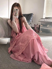 LIZAKOSHT  -  New French Sexy Sweet Long Dress Women Chic Y2k Fairy Slim Backless Pink Dress Japanese Casual Holiday Style Lace Design Outfits