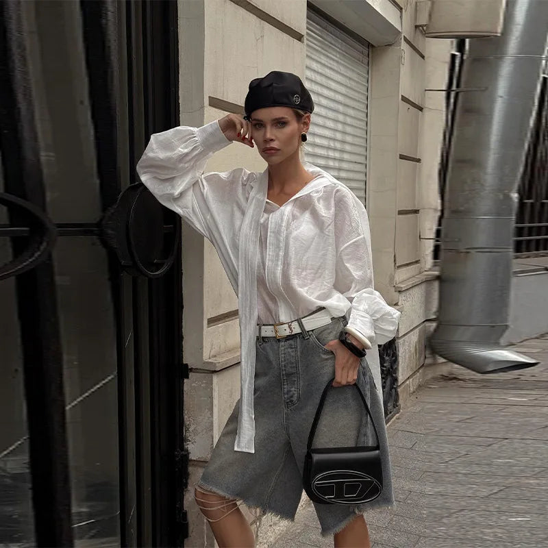 LIZAKOSHT  -  Commute Ribbon White Shirts Women Loose Puffy Long Sleeves See Through Blouse Female Spring Summer New Chic Streetwears
