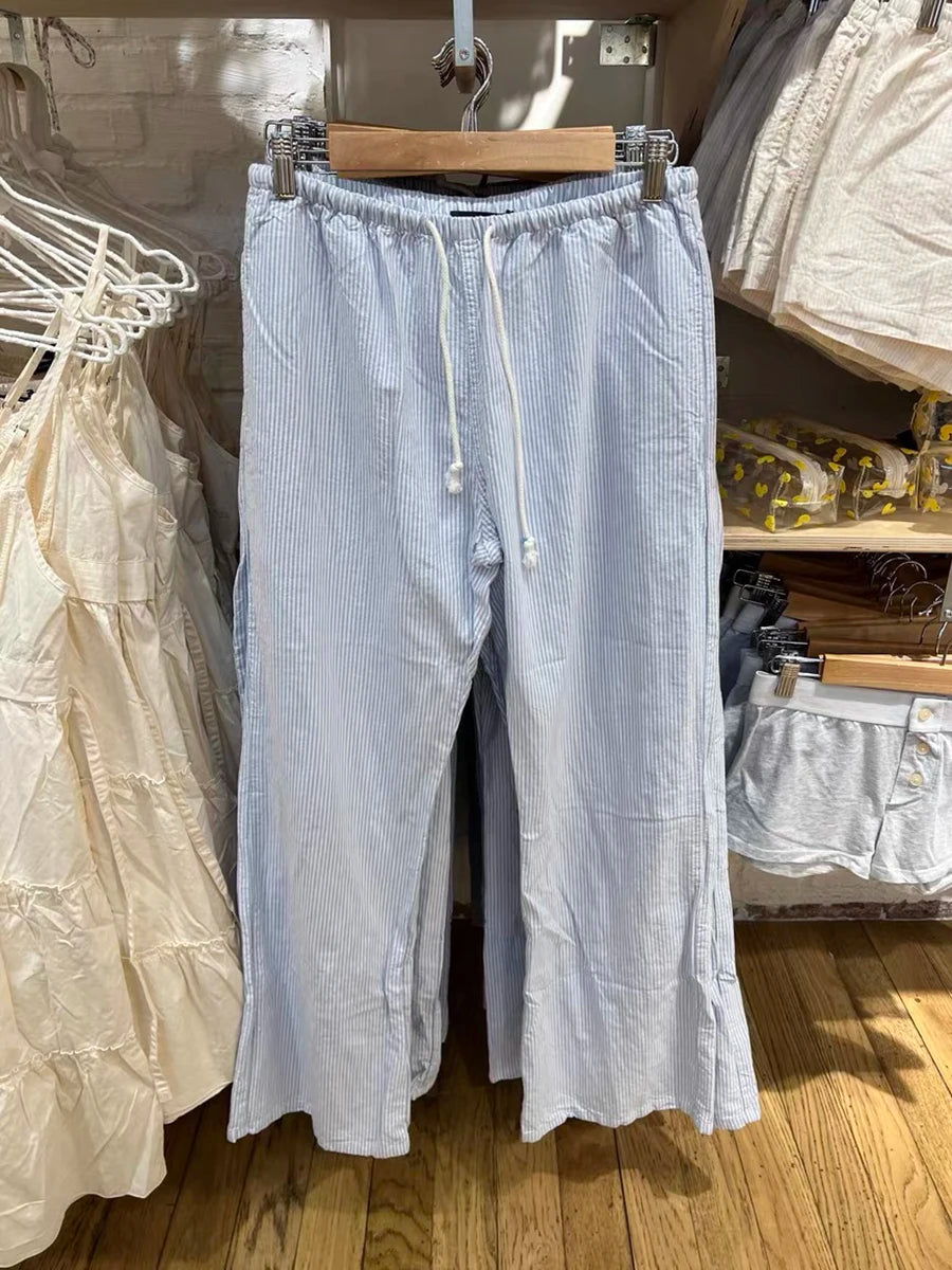 LIZAKOSHT  -  Pink Striped Drawstring Casual Pants Summer Elastic High Waist Cotton Thin Loose Trousers Women Casual Simple Sweet Home Pants
