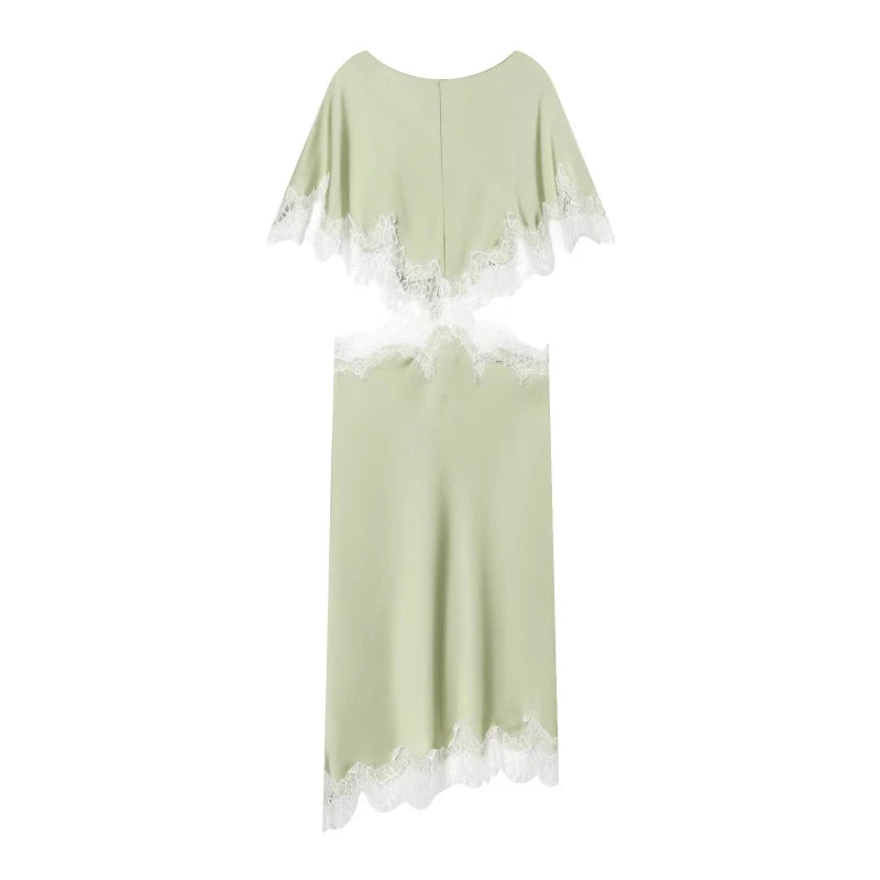 LIZAKOSHT  -  Irregular Lace-Paneled Dress Women's Round Neck Fashion Loose Midriff-Baring Sexy Dress Summer New Female Commuting Dress