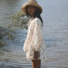 LIZAKOSHT  -  2025 French Style 2pcs Set Puff Sleeve Blouse & Printed Shorts High Neck Ruffle Trim Elegant Coords for Spring Summer