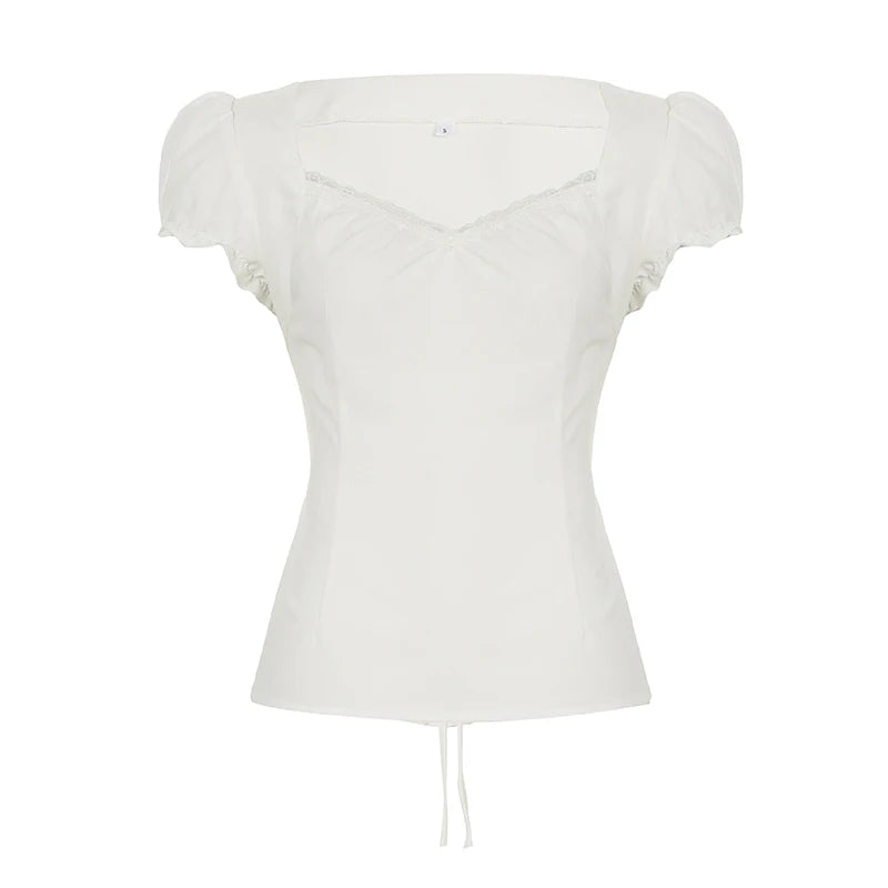 LIZAKOSHT  -  Lace Stitching Square Collar Top Summer French Style Puff Short Sleeve T-shirt Elegant Basic Clothing Chic Sweet Tops