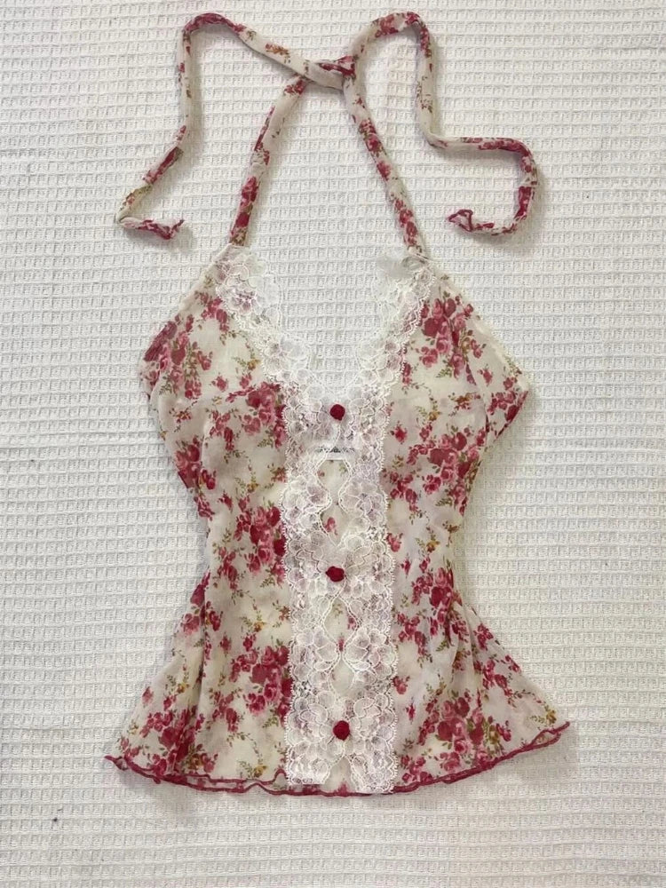 LIZAKOSHT  -  Summer Woman Floral Halter Lace Blouse 2025 Vintage Sexy Slim Fit Fairy Korean Fashion Female Tops Outfits Elegant Style