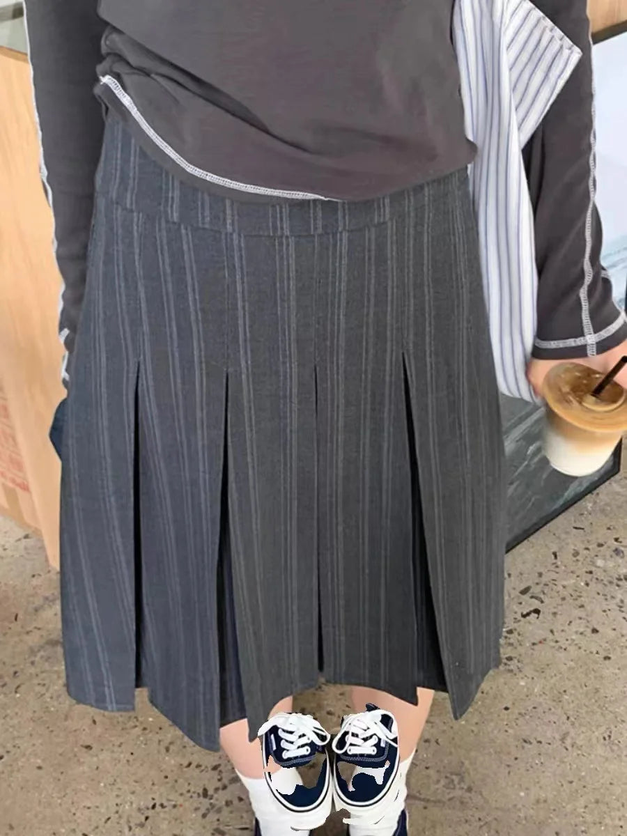 LIZAKOSHT -  Women's Skirts Harajuku Fashion High Waist Gray Striped Pleated Skirt JK Female Clothes Office Lady Japanese School Uniform
