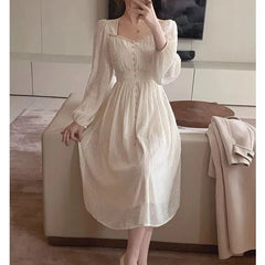 LIZAKOSHT  -  Women French Style Vintage Beaded Fairy Elegant Party Dresses Autumn Fashion Square Collar Long Sleeve Slim Midi Dress Vestidos